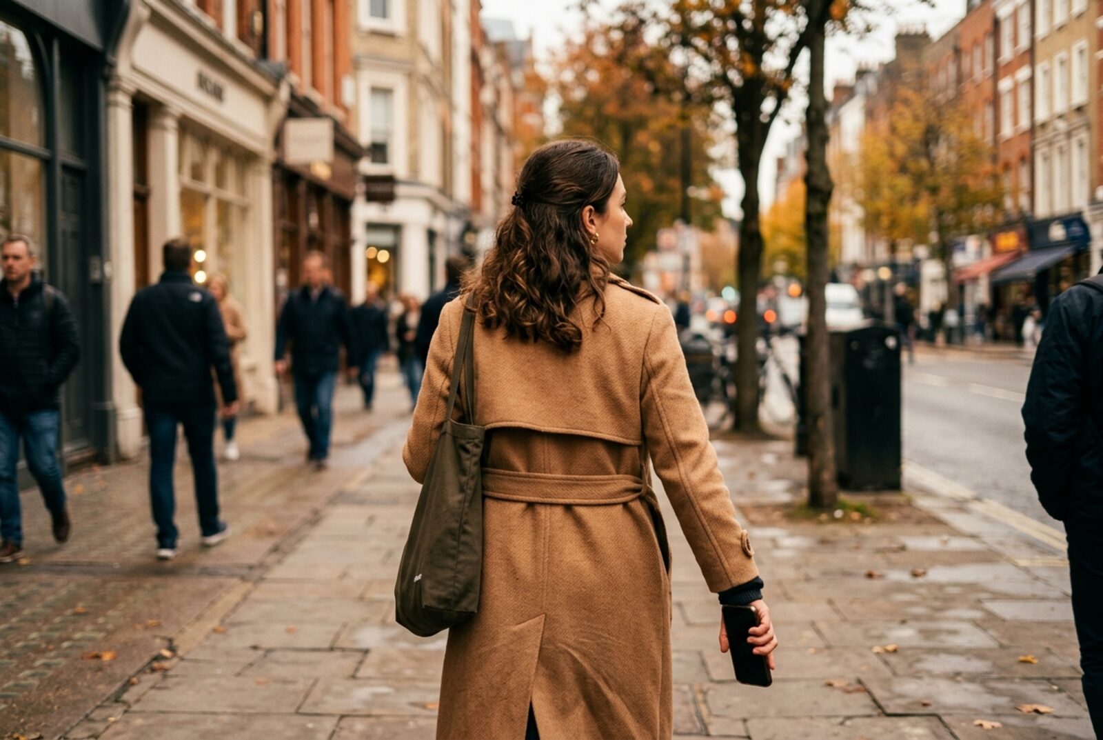 A woman walking outside holding a phone