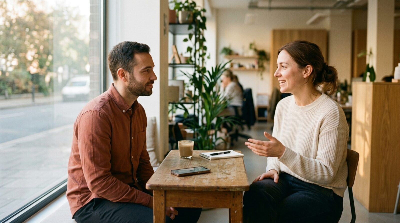 Two people talking across a table, a phone recording between them