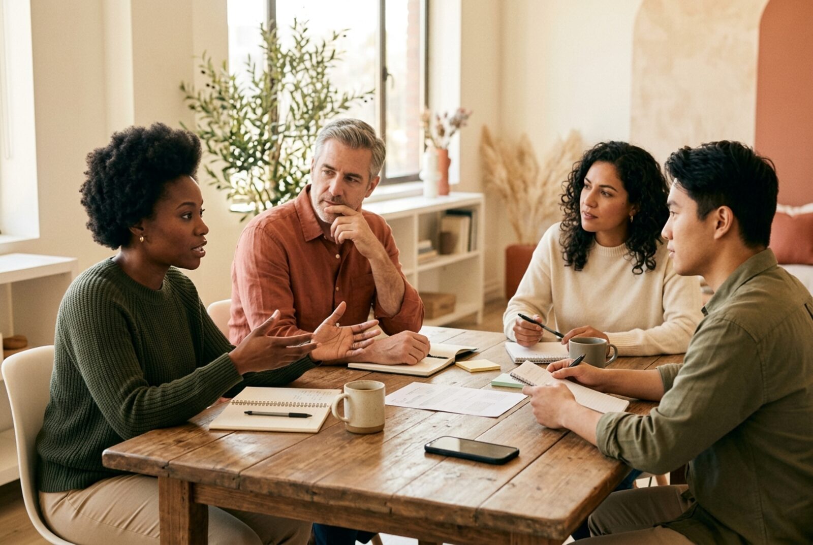 Four people talking around a table, a phone recording between them