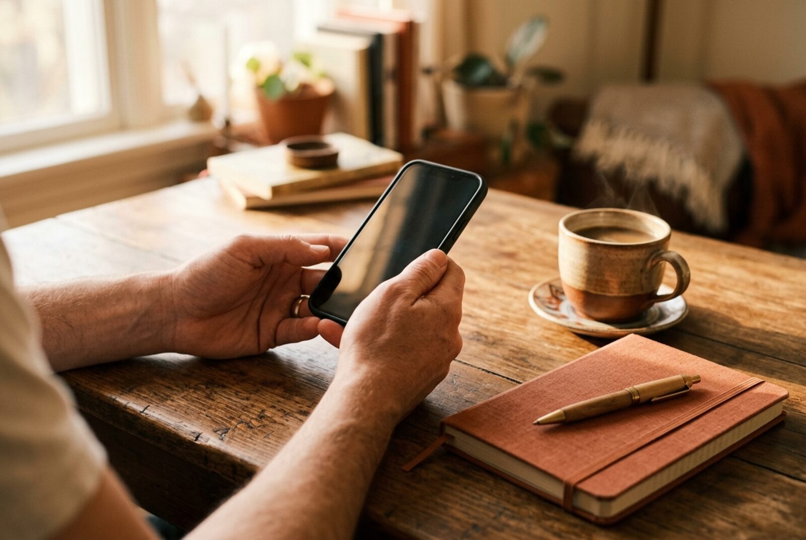 Hands holding a phone above a desk beside a notebook